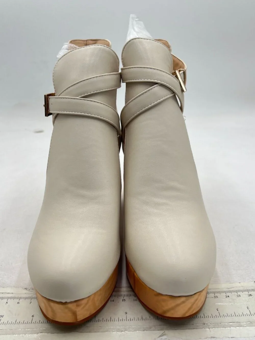 Beige Platform Rounded Toe Cutout Strap Buckle Cork Block High Heels Ankle Boot